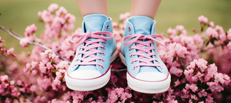 Spring awakening serene woman in denim and blue sneakers surrounded by vibrant pink blossomsの素材