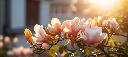 Vibrant magnolia blossoms on a beautiful sunny spring day, awakening natures splendorの素材