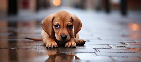 Cute and playful puppy with adorable expression on blurred background, perfect for copy spaceの素材