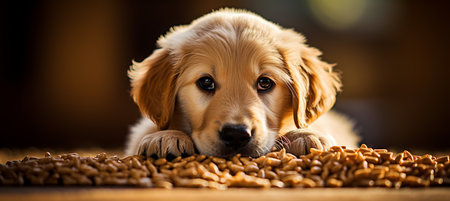 Adorable dog happily eating nutritious pet food from a bowl on a stylish round rattan carpetの素材