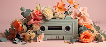 Vintage retro music cassette tape covered with colorful flowers in pastel retro wave styleの素材