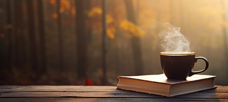 Inviting ambiance with books, coffee, wooden table, ample space for text or designの素材