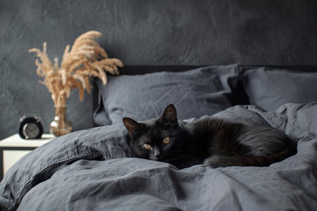 Cute black cat laying on the black bed in loft style bedroom, free copy spaceの素材