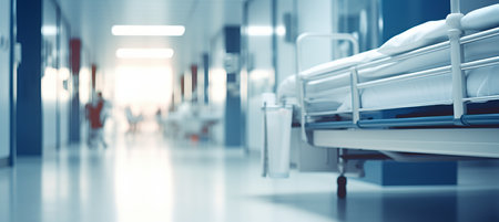 Blurred hospital hallway, reception clinic in background, ample space for text and designの素材