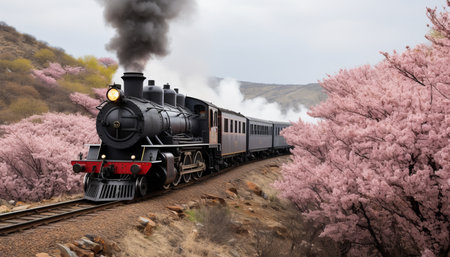 Spectacular grey steam train gracefully traversing the enchanting spring mountainscapeの素材