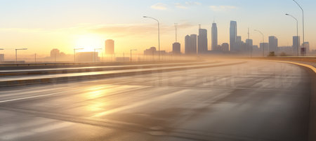 Vibrant sunrise over an expansive asphalt highway road surrounded by towering modern city buildingsの素材
