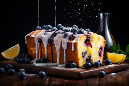 Delicious lemon blueberry loaf cake with sweet sugar glaze on rustic wooden tableの素材
