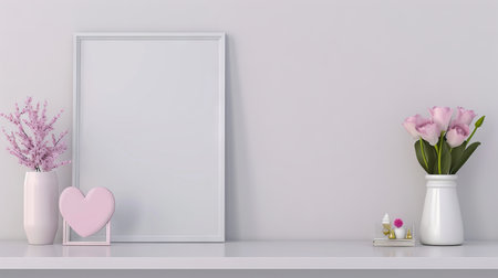 In a Valentine-themed interior, a white frame leans on a white shelf with an empty wall as the backgroundの素材