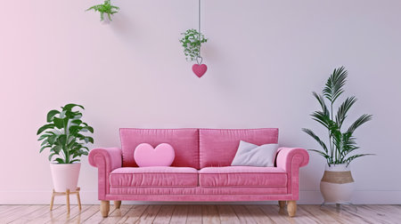 A pink sofa adorned with potted plants and heart light, featuring light gray and brown tones, wood accents, and a cute, colorful, contemporary candy-coated design with living materialsの素材