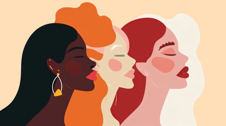 Women with diverse skin tones united in a contemporary vibrant illustration. Ideal for postcards, posters, magazine coversの素材