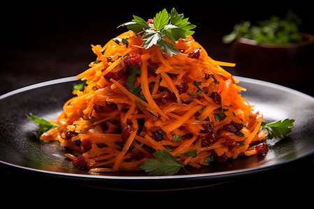 Freshly grated carrot salad with healthy ingredients and vibrant colors for a nutritious mealの素材