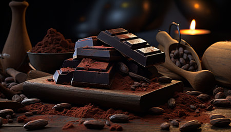 Delicious culinary background with crushed dark chocolate pieces and cocoa beansの素材