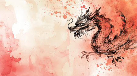 Chinese New Year 2024 Year of the Dragon on watercolor background sketch hand drawing for greetinf card with free copy spaceの素材