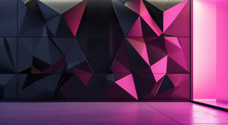 Modern room features an abstract black wall adorned with a pink polygonal patternの素材