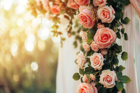 A square wedding arch with roses stands against a softly blurred backgroundの素材