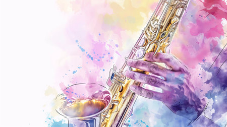 The sketch-style depiction of a saxophonist holding a saxophone appears against a watercolor pastel backgroundの素材