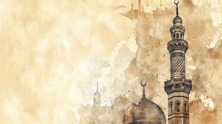 A Ramadan greeting card showcases a sketch of a towering mosque on a sepia watercolor background, offering free copy spaceの素材