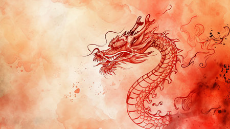 Chinese New Year 2024, the Year of the Dragon, depicted in a hand-drawn watercolor background sketch for a greeting card with available copy spaceの素材