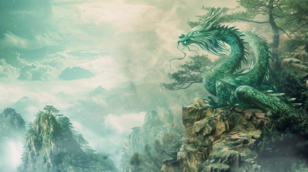 Cute green dragon in the mountain, china christmas design, fantasy style, free copy spaceの素材