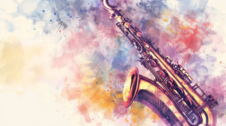 Saxophone in hand drown scetch style on watercolor pastel color backgroundの素材