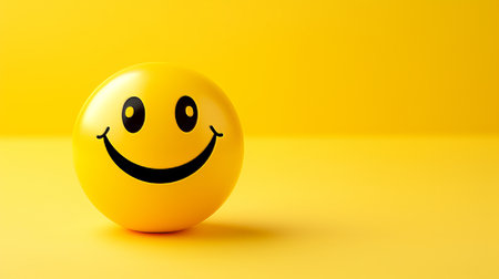 Happy smile emoji on yellow background, copy space for smile or happiness conceptの素材