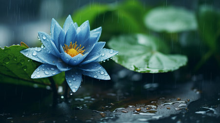 Enchanting water lily in rain, serene natural backdrop with space for personalized textの素材