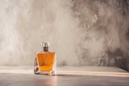 A glass of fragrance perfume bottle on the minimalistic background, free space for text and a concept of product still lifeの素材