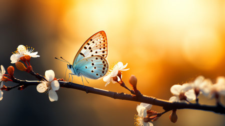 Butterfly on white spring flower in soft morning sunlight, creating stunning easter nature backdropの素材
