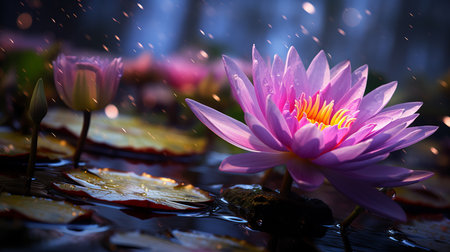 Serene pink water lily in the rain with copy space and tranquil water reflectionの素材