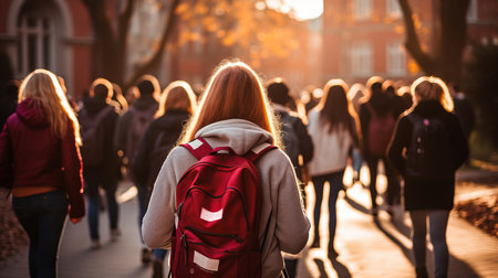 Blurred motion of students walking in university or college campus, back to school conceptの素材