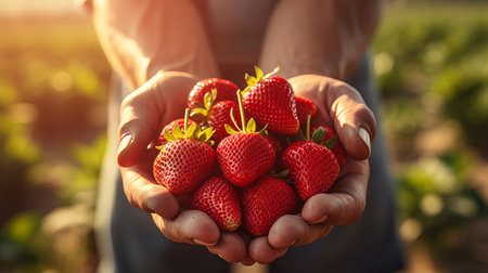 Beautiful summer harvest of fresh red strawberries in outdoor field under sunny skyの素材