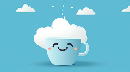 Cute coffee cup with face on blue background, perfect for coffee shops and blue monday conceptの素材