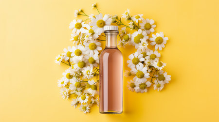 Organic chamomile infused oil in a bottle with beautiful isolated pastel studio backgroundの素材