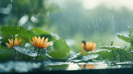 Exquisite water lily blossoming in gentle rain, serene nature background with copyspaceの素材
