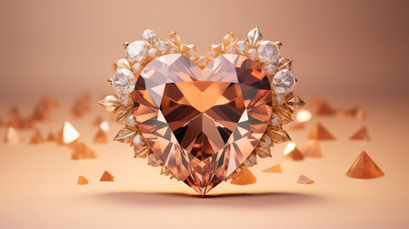 Exquisite heart shaped diamond on peach background with beautiful detailing free copy spaceの素材