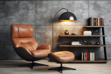 Stylish modern cozy living room interior with abstract painting, beige armchair, and coffee tableの素材