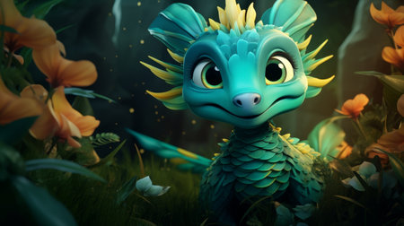 Cute green dragon in the chinese mountains christmas fantasy design with free copy spaceの素材