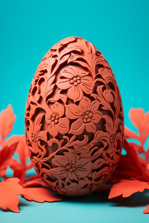 Elegantly adorned easter egg with intricate decorations on a monochrome pastel color studio backdropの素材