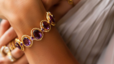 Golden jewelry bracelet with amethysts gem stone on woman handの素材