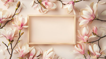 Magnolia flowers create wooden frame canvas with open center space. Greeting card mockupの素材