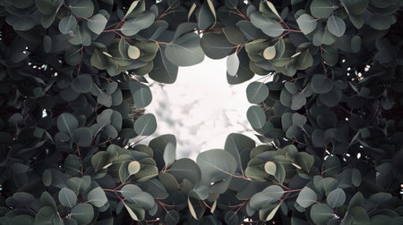 double exposure light, frame canvas made from eucalyptus leaves, greeting card template with free copy space in the centerの素材