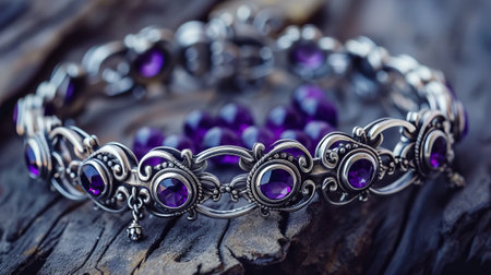Silver jewelry bracelet with amethysts gem stoneの素材