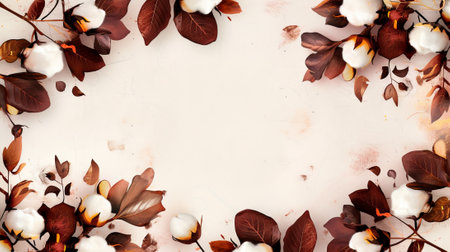 cotton flowers and leaves frame for greeting card template with free copy space in the centerの素材