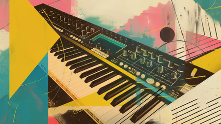 synth wave retro abstract mixed collage illustration of music piano paper abstract elementsの素材