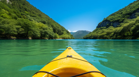 Exploring a picturesque river by paddling a kayak with a vast area for adding text and graphicsの素材