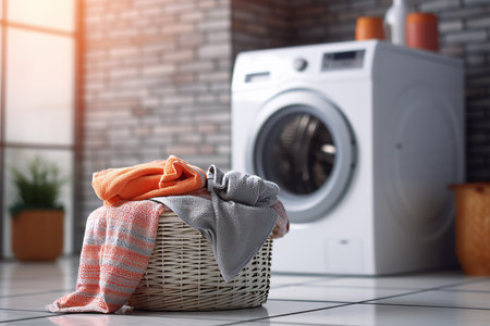 Laundry basket against modern washing machine in blurred background for household chores conceptの素材