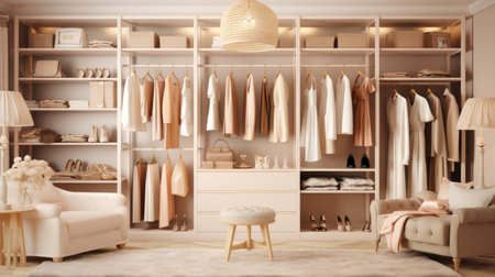 Contemporary beige dressing room interior design in a modern shopping mall with elegant furnishingsの素材