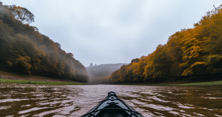 Navigating a kayak on a tranquil river with a large empty space ideal for text and creative elementsの素材
