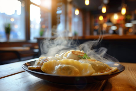 On a wooden table in a trendy cafe, Polish fried steamed dumplings are served on a plateの素材