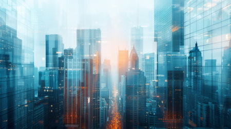 Modern business banner showcasing office buildings and innovative techの素材